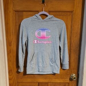 Girls Champion Heather Gray Hoodie with Pink and Purple Logo